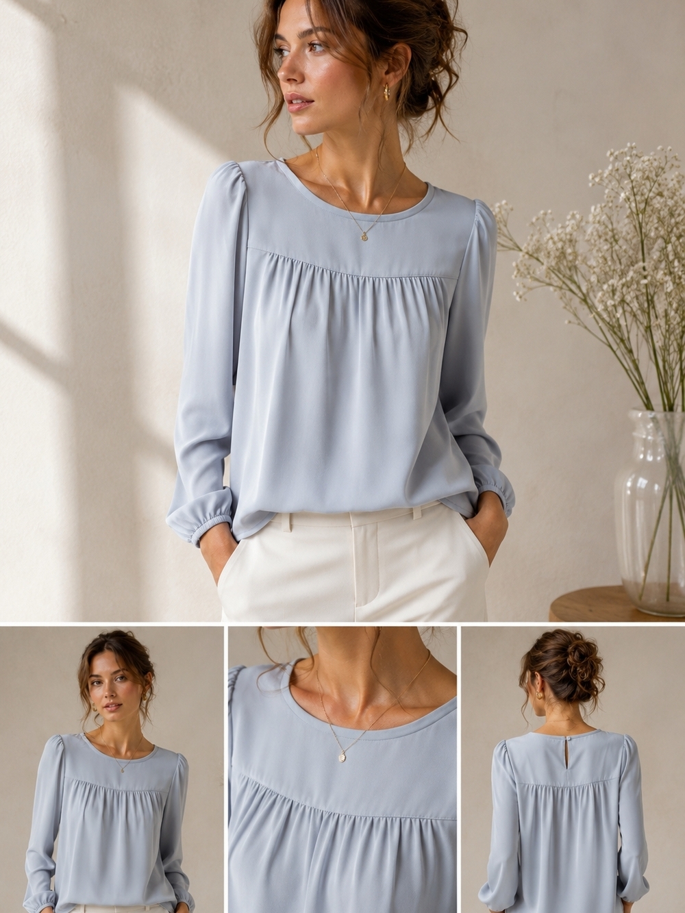 LOFT Light Blue Gathered Yoke Long-Sleeve Blouse Top